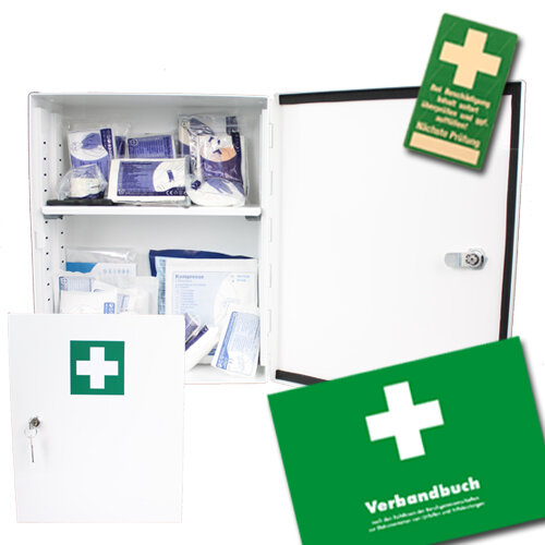 Erste Hilfe Schrank DIN 13157 mit Schloss, Füllung, Verbandbuch und 10 Prüfsiegel
