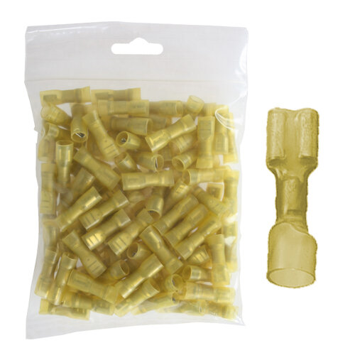 100 vollisolierte Flachsteckhülsen 6,3 x 0,8  mit Schrumpfschlauch gelb 4,0 bis 6,0 mm²