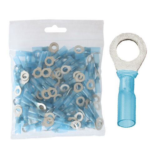 100 isolierte Ringkabelschuhe M8 blau mit Schrumpfschlauch 1,5 - 2,5qmm