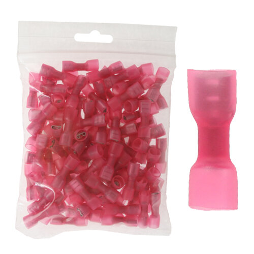 100 vollisolierte Flachsteckhülsen 6,4mm mit Schrumpfschlauch rot 0,5 bis 1,5 mm²