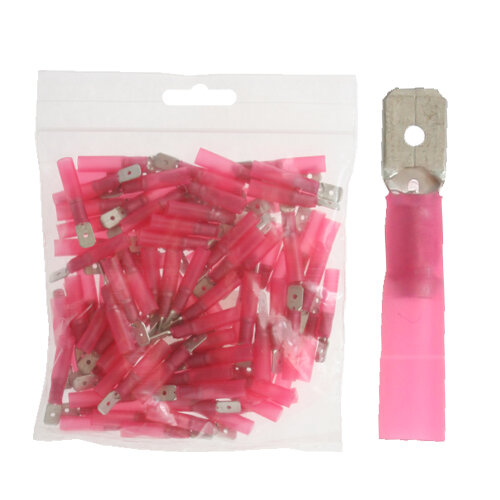 100  teilisolierte Flachstecker 6,3 x 0,8 mit Schrumpfschlauch rot 0,5 bis 1,5 mm²