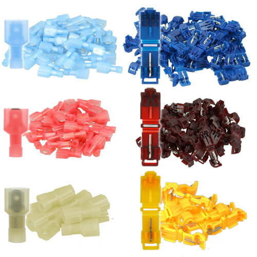 SET: 100 T-Abzweigverbinder + 100 Flachstecker  ( je 50x blau - 40x rot - 10x gelb )