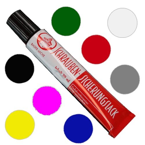 8 x Sicherungslack - Schraubenkleber - Schraubensicherung  20 ml. in Tube ( je 1 x pink, grün, rot, grau, blau, schwarz, gelb, transparent )