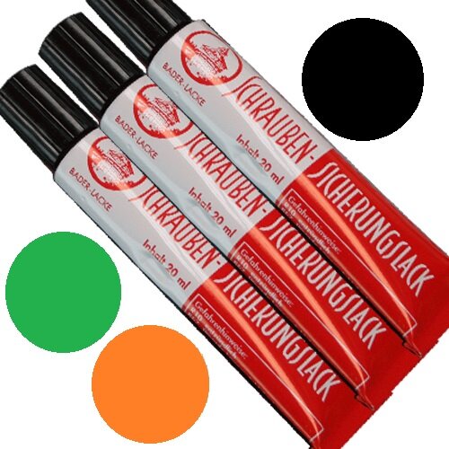 SET: Schraubensicherungslack 20 ml. in Tube 1xschwarz - 1xgrün - 1x orange
