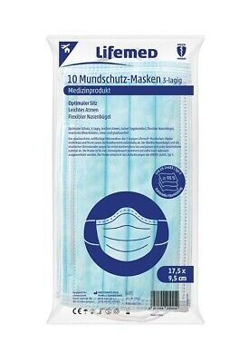 10 Lifemed Mundschutz 3-lagiges Vlies 9,5cm x 17,5cm blau mit Nasenbügel