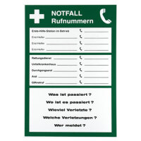 Erste Hilfe Notfall Rufnummern 300 x 200 mm, Kunststoff